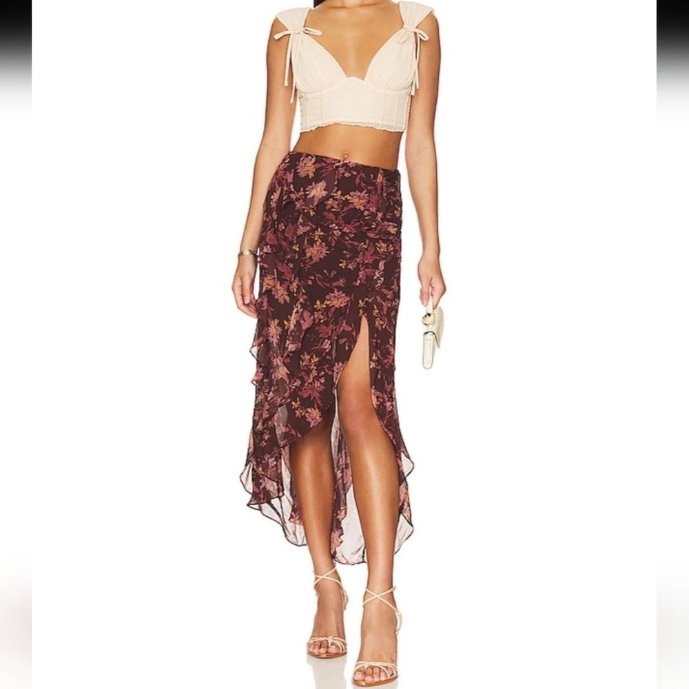 Free People Brown and Burgundy Asymmetrical High-Low ruffle maxi skirt